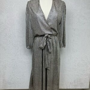 Alice + Olivia Katina Midi Party Dress Womens Sz 4 Shiny Metallic Stretch Belted